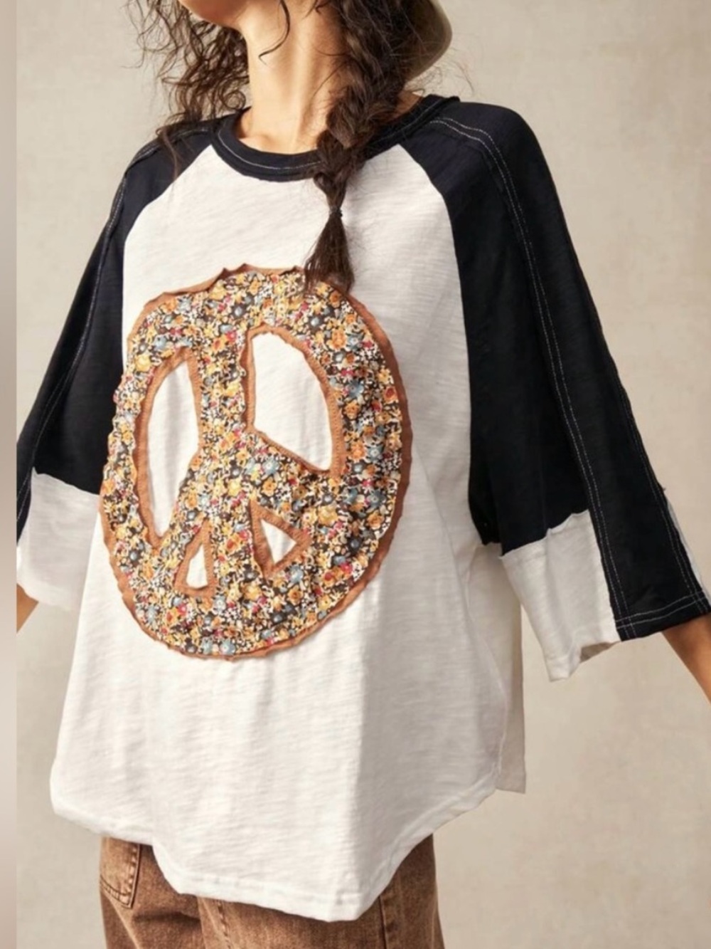 Patchwork peace sign dolman sleeve pullover tee